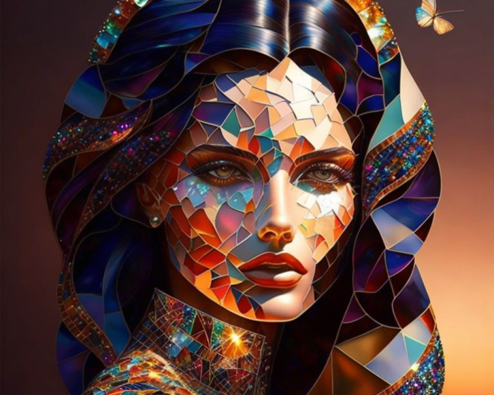 Colorful mosaic artwork featuring woman's face and butterfly.