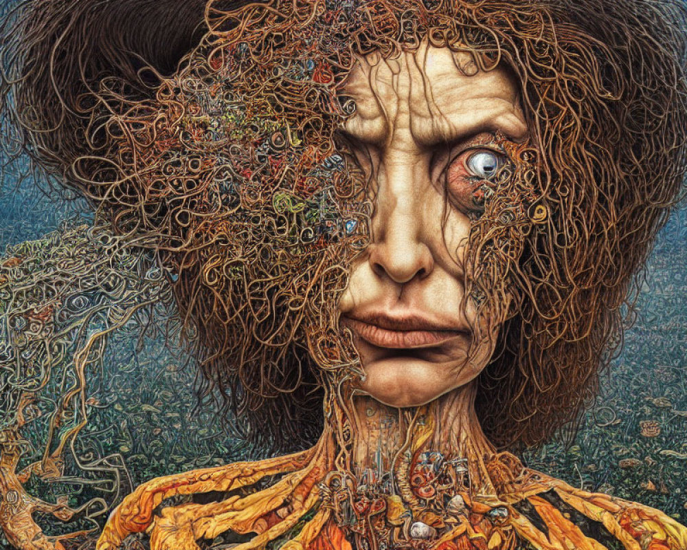 Surreal portrait featuring exposed muscle fibers and complex wiry hair.