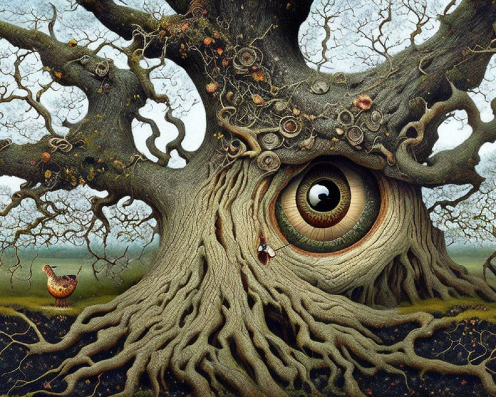Surreal image: ancient tree with eye, twisted roots, bird nearby
