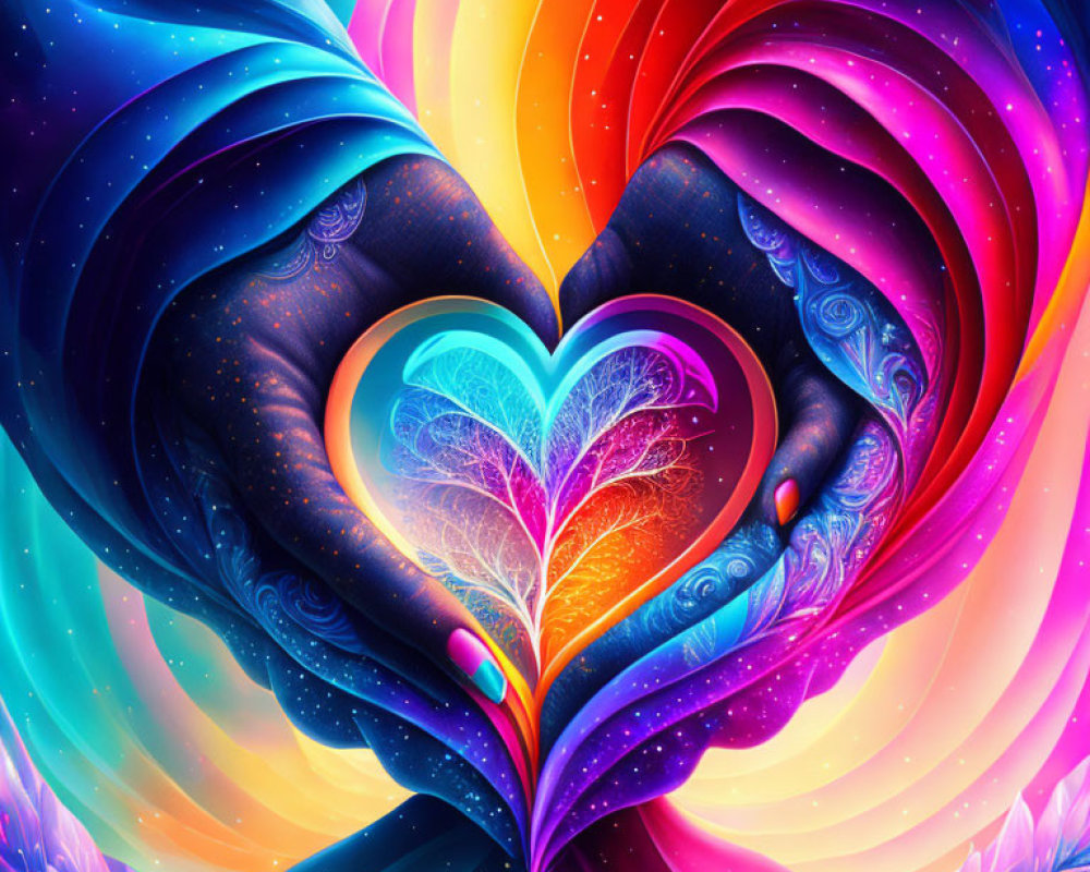 Colorful digital artwork: Hands forming heart on cosmic floral backdrop