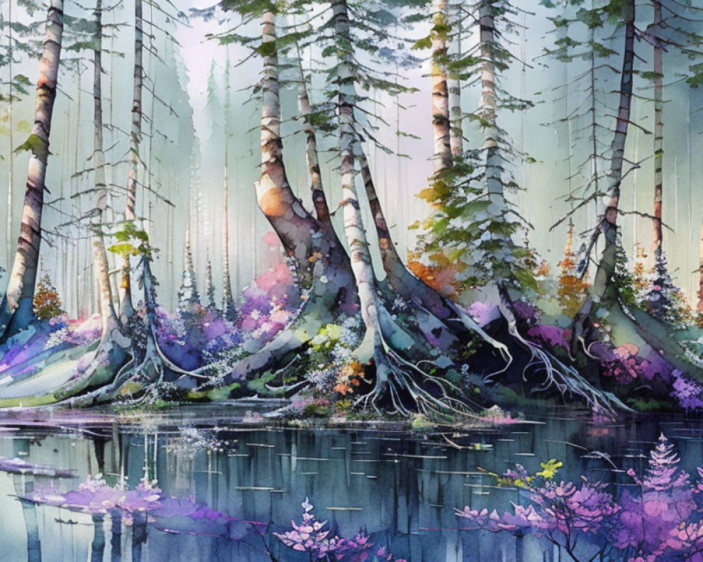 Serene Watercolor Forest Scene with Tall Trees and Pond Reflections