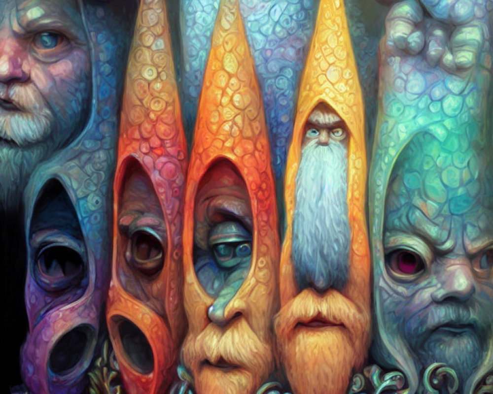 Colorful Surreal Image: Fantastical Humanoid Figures with Elongated Faces