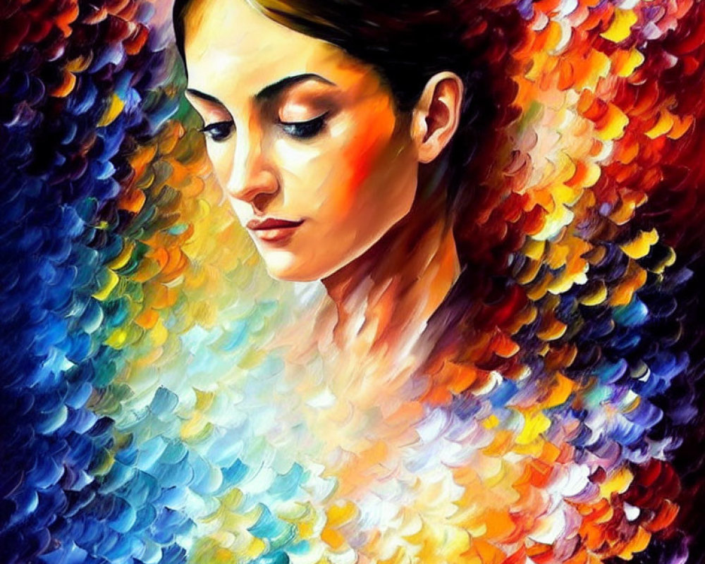 Colorful Expressionist Painting of Woman with Thoughtful Expression and Mosaic Background