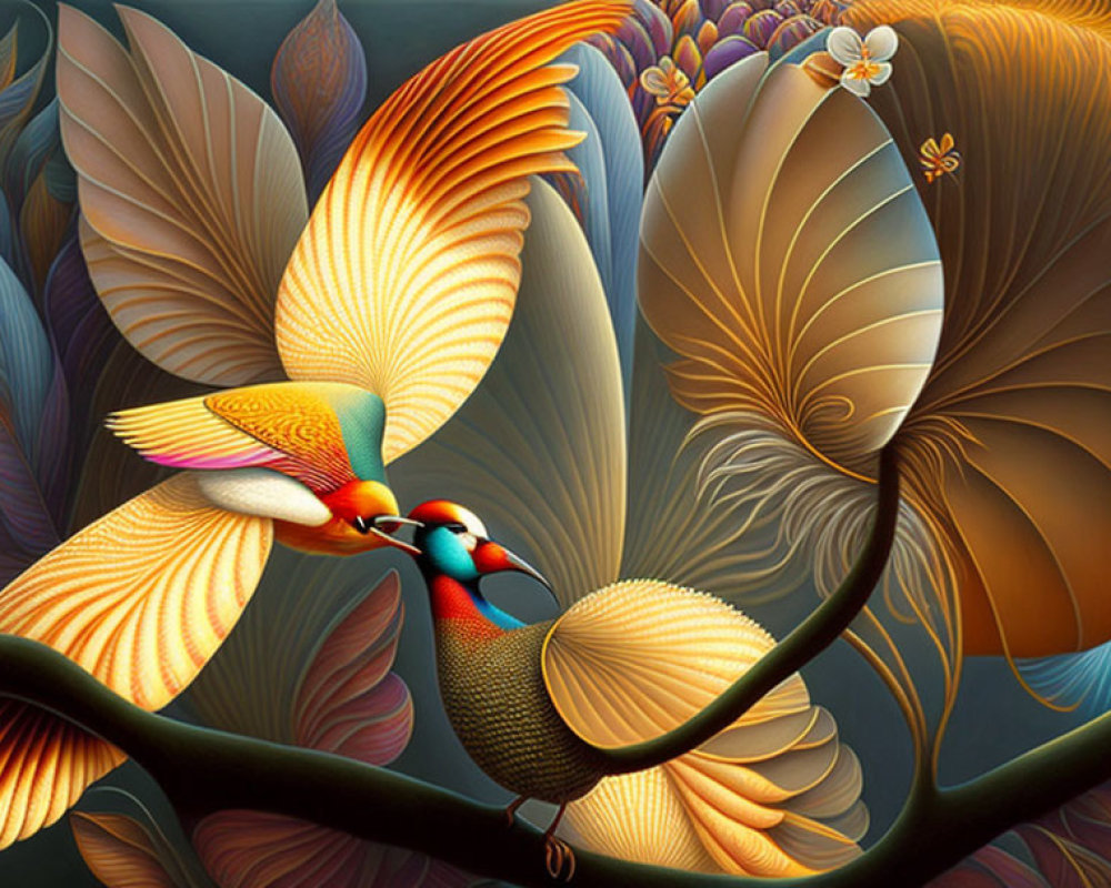 Colorful digital artwork of stylized birds on branch with ornate plumage.
