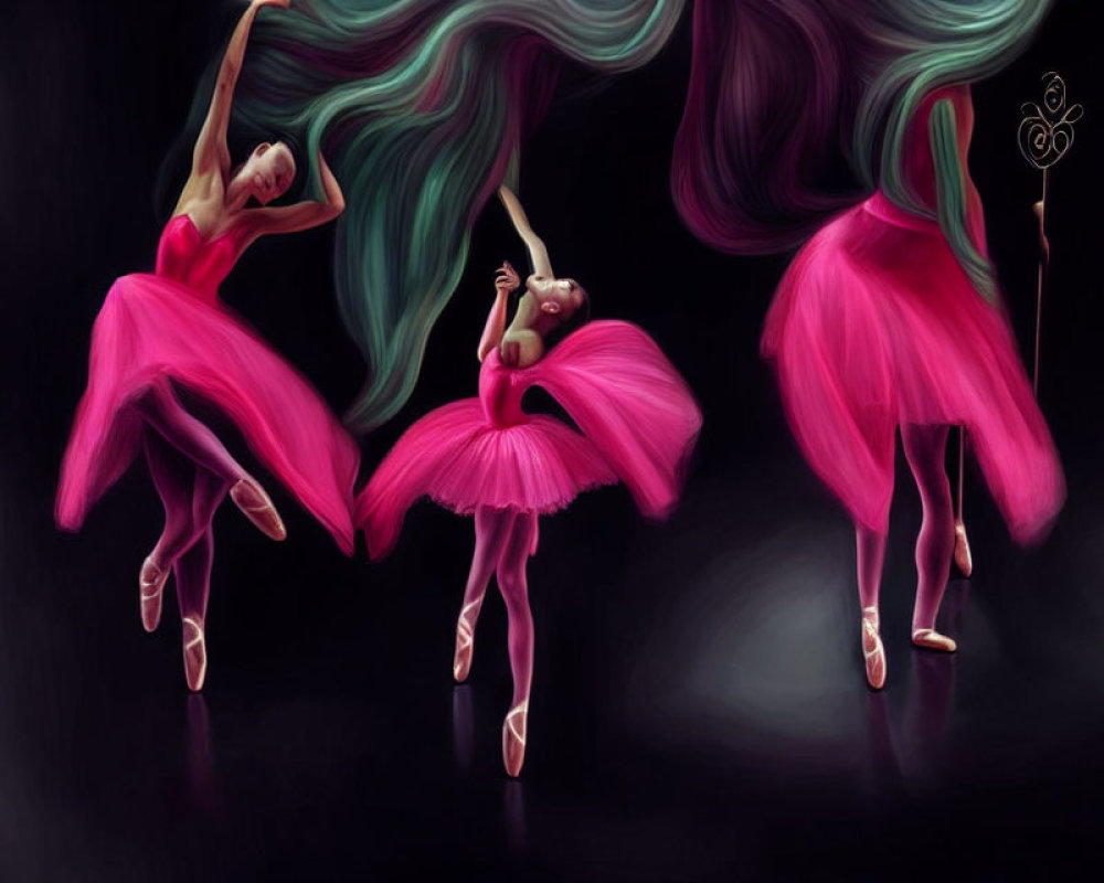 Three graceful ballerinas in pink tutus dancing with butterfly staff on dark background