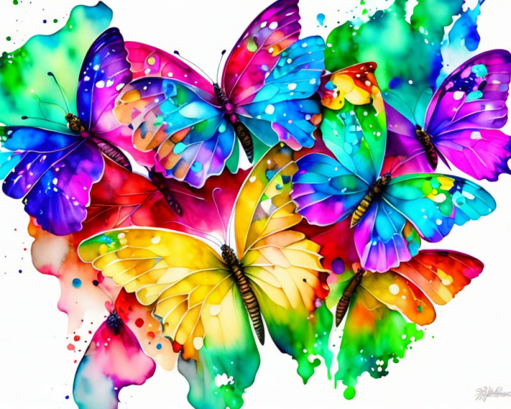 Colorful Watercolor Painting of Butterflies with Ink Splashes