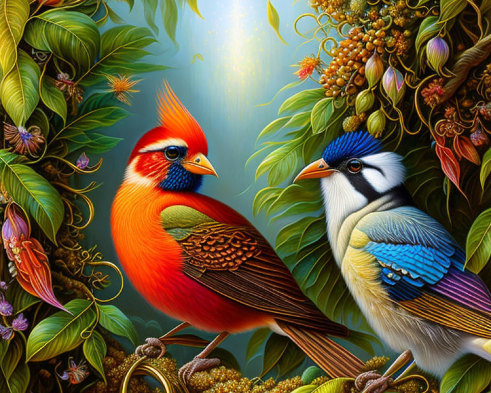 Colorful Birds Among Lush Foliage and Flowers