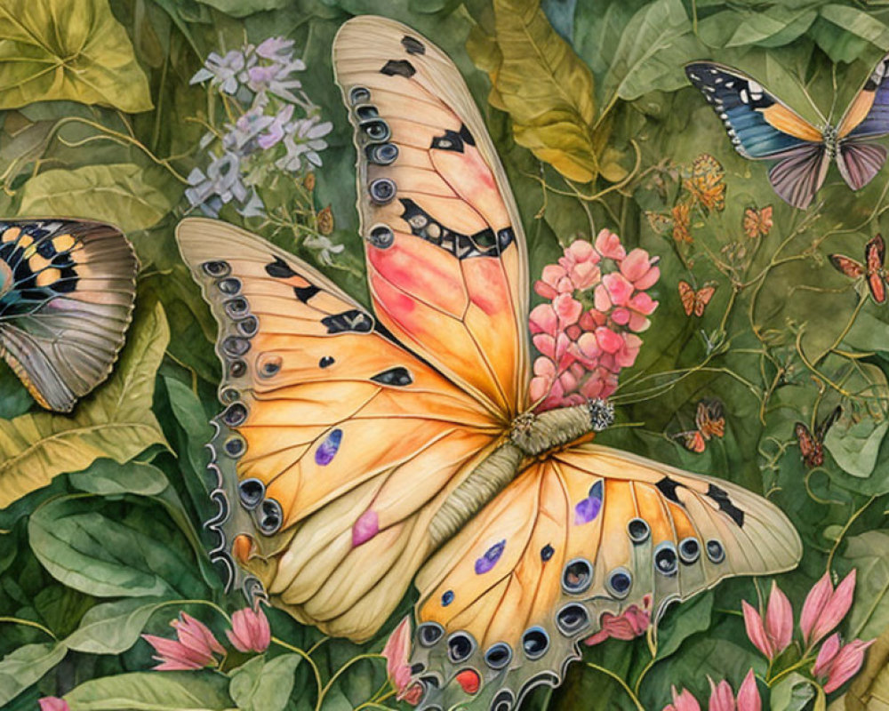 Colorful Butterfly Artwork Among Green Foliage and Florals