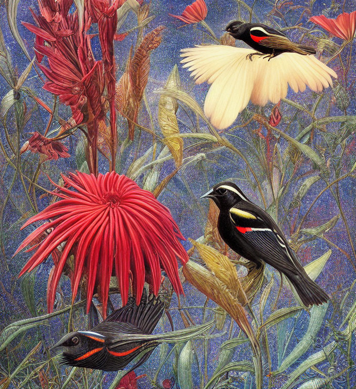 Detailed illustration of three red-winged blackbirds flying amidst red flowers and green foliage