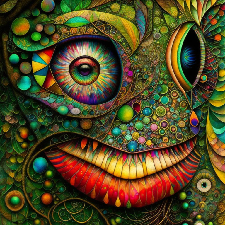 Colorful Psychedelic Face with Geometric Patterns and Organic Motifs