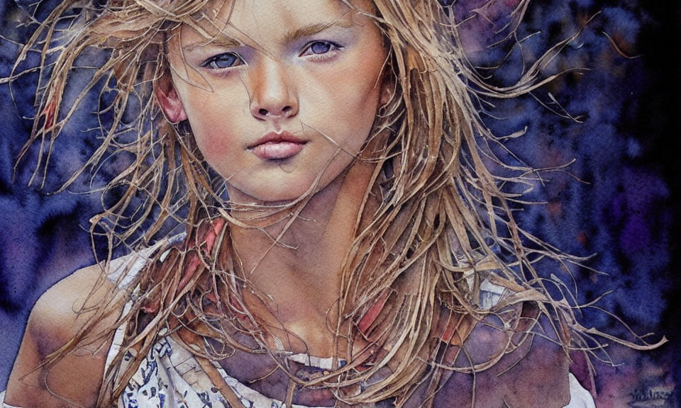 Young girl portrait in watercolor with windswept hair and thoughtful expression on blue background