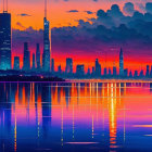 City skyline reflected in calm waters at sunset with vibrant hues