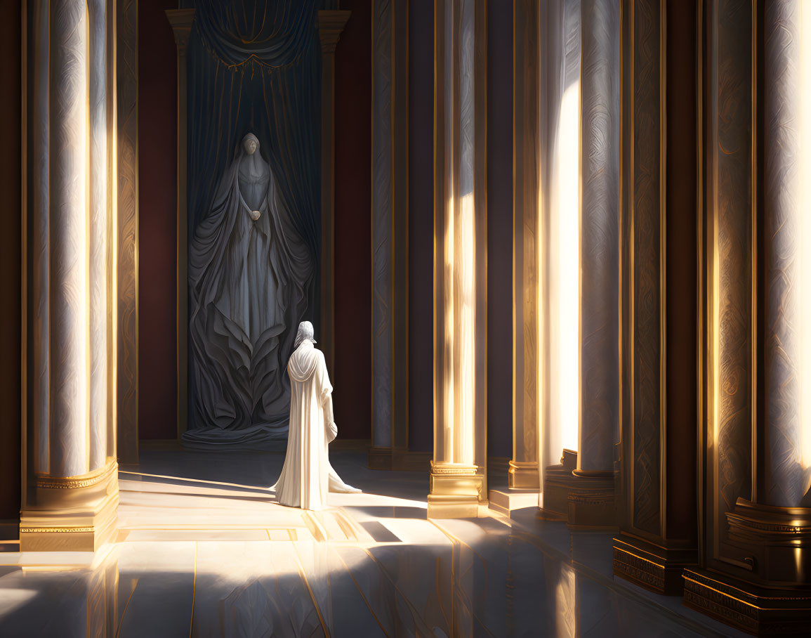 Solitary figure in grand sunlit hall with towering columns and draped statue