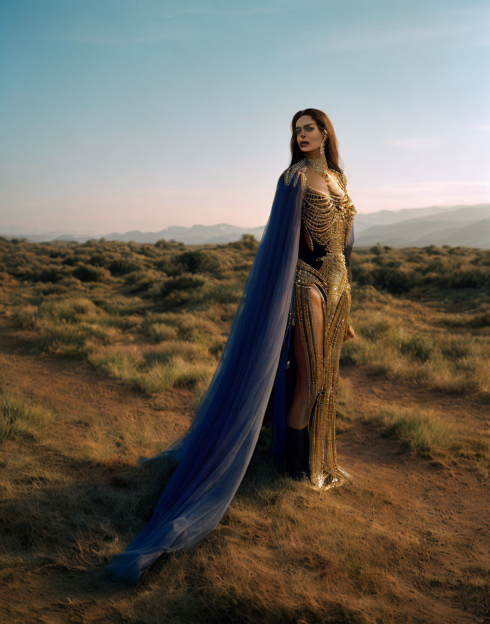 Person in blue cape and golden armor in desert at sunset
