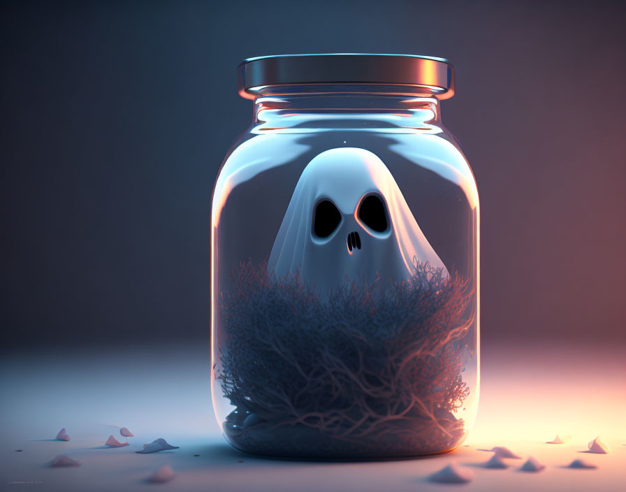 Ghostly Figure with Three Eye Holes Trapped in Glass Jar Among Branches and Leaves