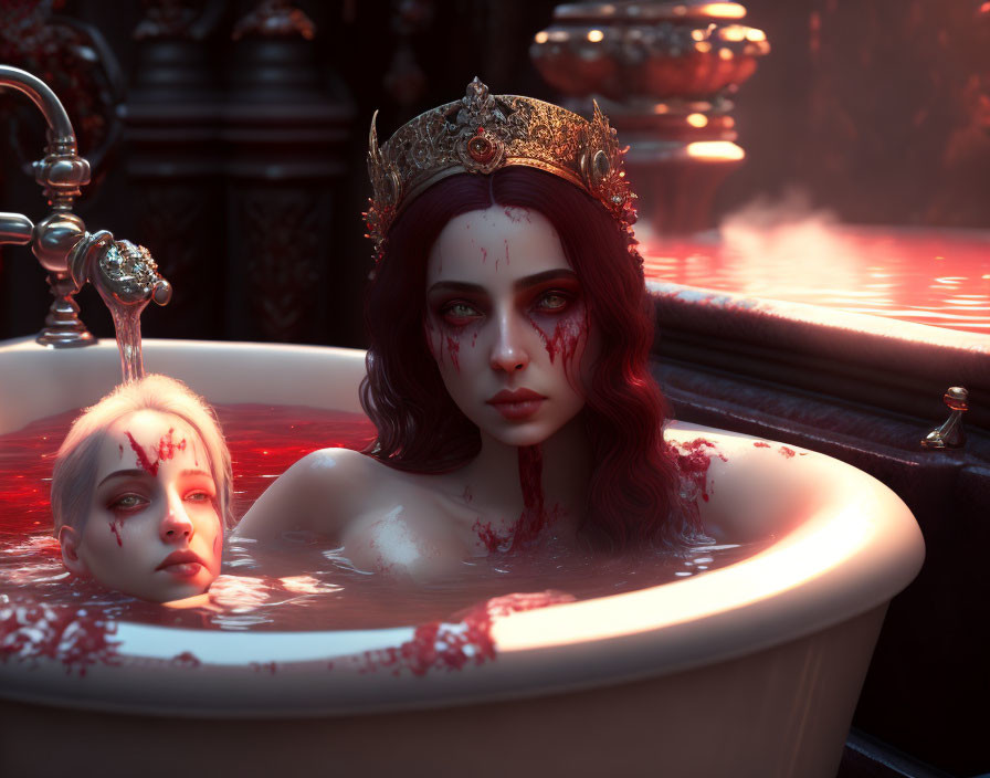 Woman with crown in red liquid bathtub next to detached head in dimly lit room