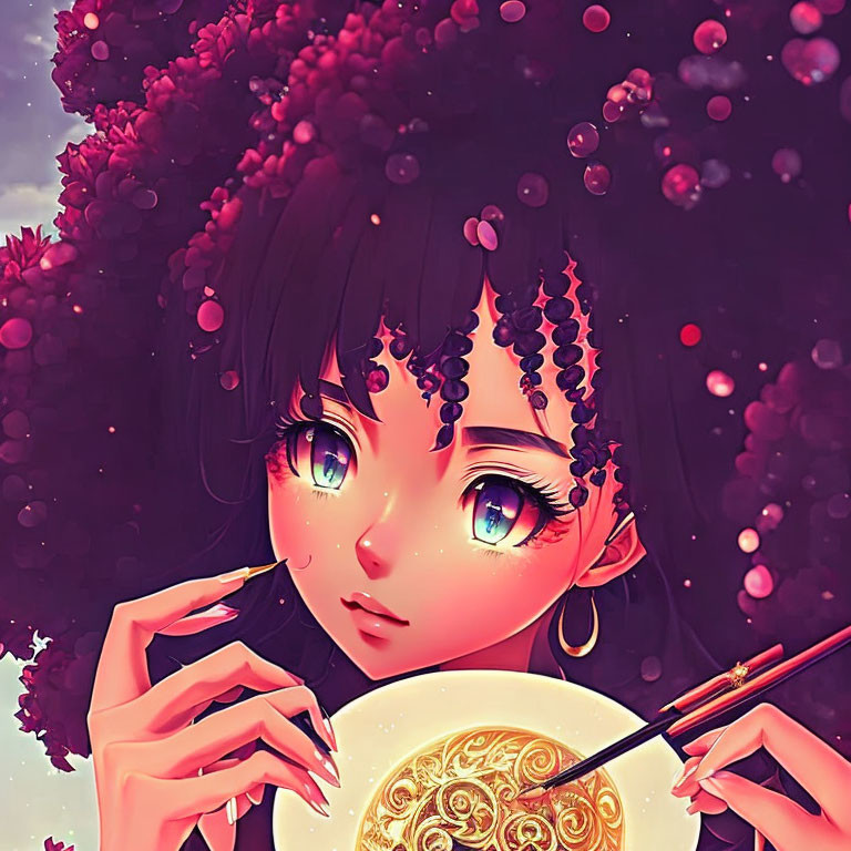 Anime-style girl with purple eyes and dark hair holding chopsticks and a golden-patterned bowl