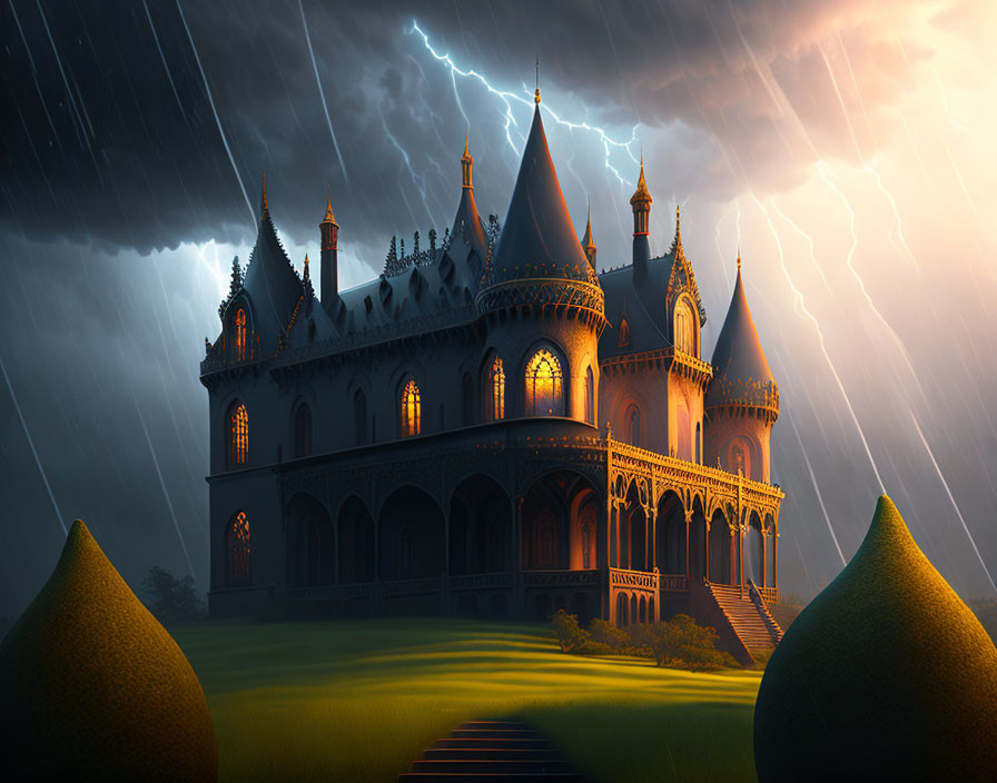 Gothic castle at twilight with stormy sky and lightning