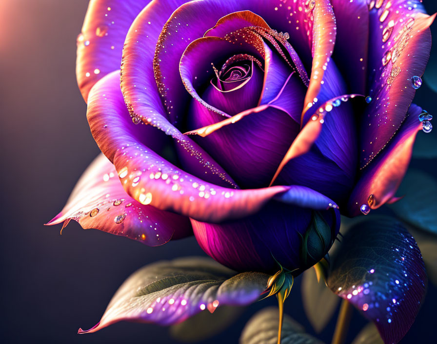 Vibrant purple and pink rose with dewdrops in soft light
