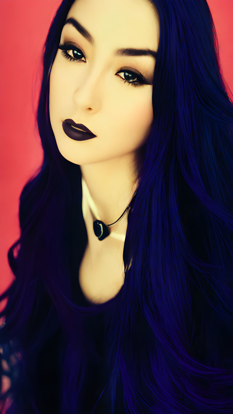 Portrait of Person with Long Blue-Black Hair and Striking Dark Lipstick