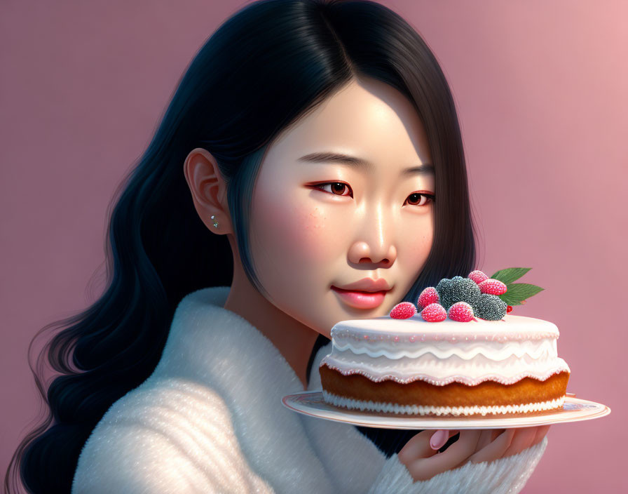 Illustrated woman with black hair holding cake on pink background