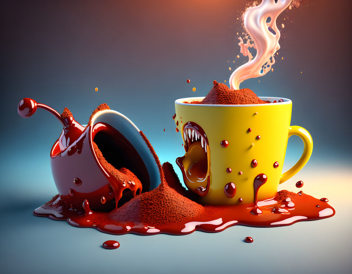 Colorful 3D illustration of overflowing coffee and milk cups colliding