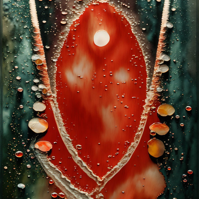 Abstract Oil Droplets on Water with Red Streak and Bubbles