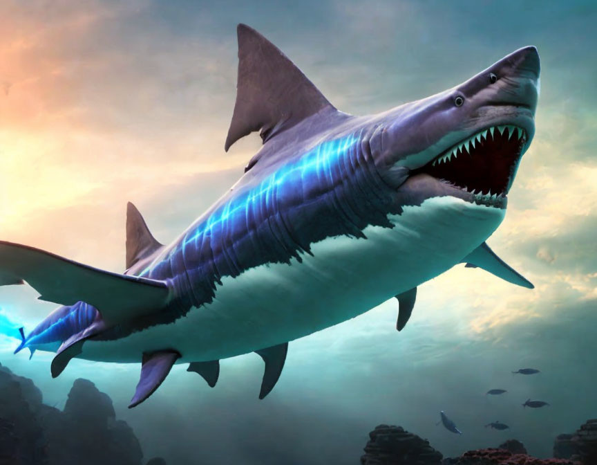 CGI megalodon shark with open mouth and sharp teeth swimming underwater.