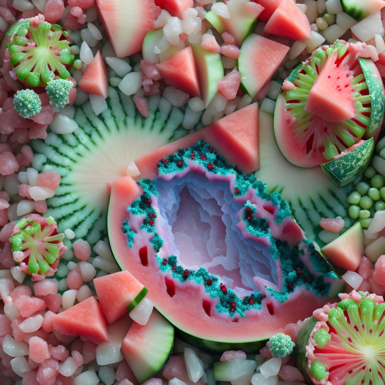 Vibrant surreal artwork: watermelon geode with crystal formations and colorful fruits.