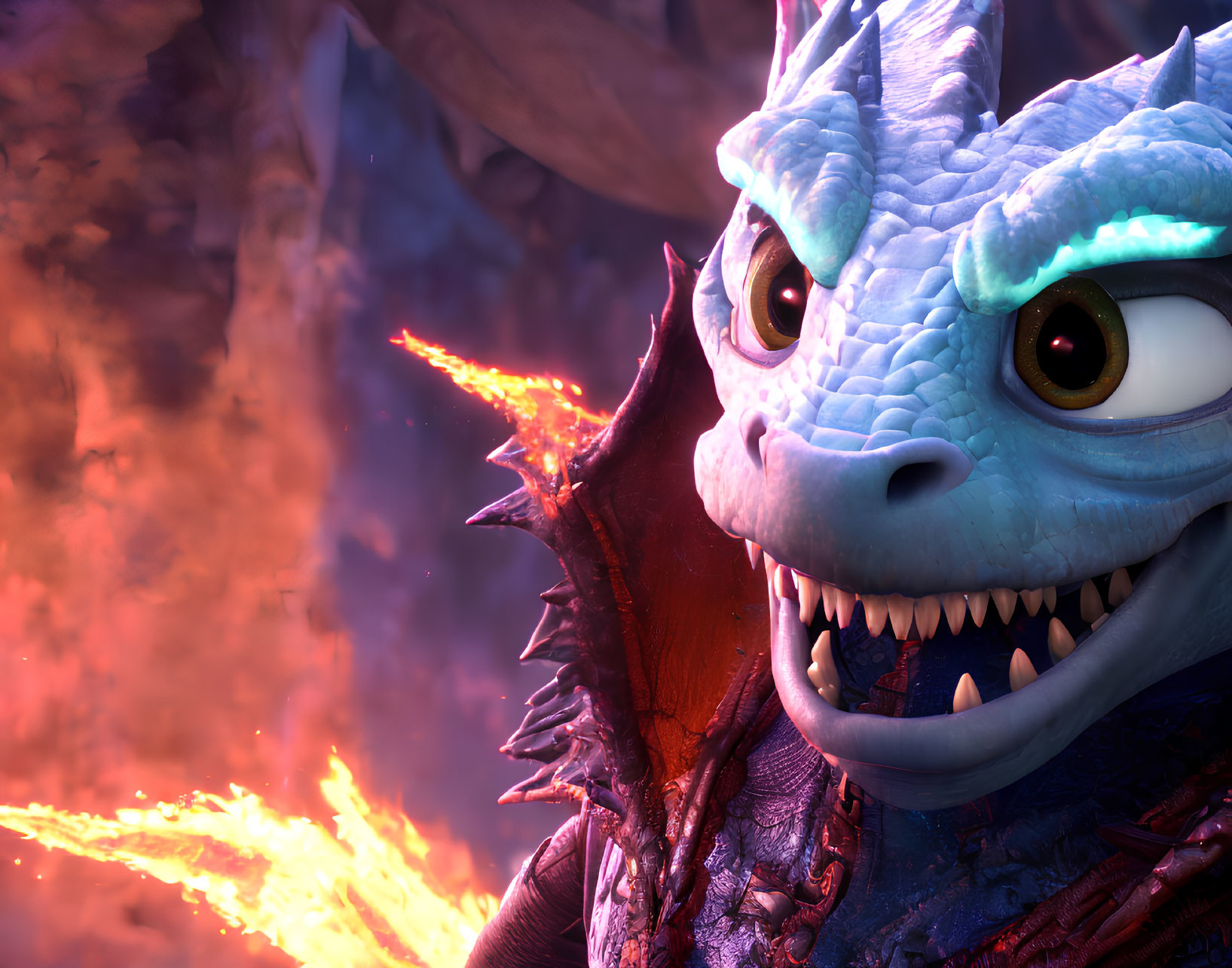 Blue Dragon Smiling Amid Fiery Background