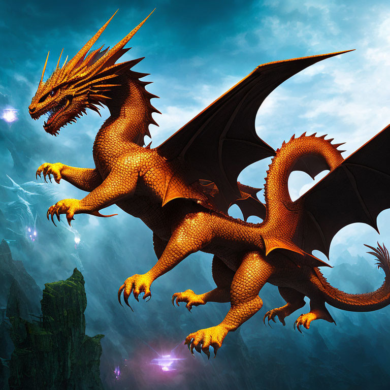Orange Dragon Flying Over Craggy Mountains with Purple Lights
