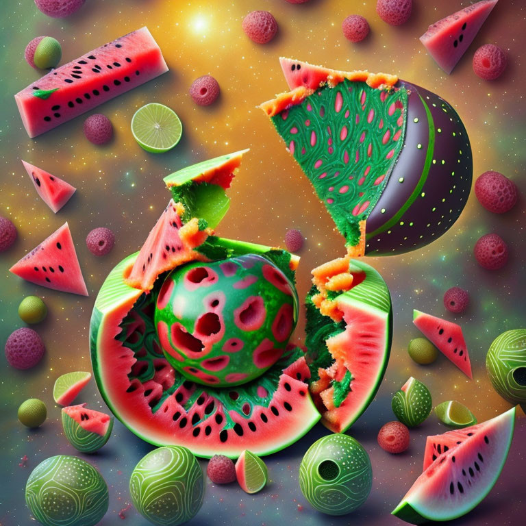 Colorful Surreal Still Life with Watermelon, Limes, and Abstract Planets on Starry