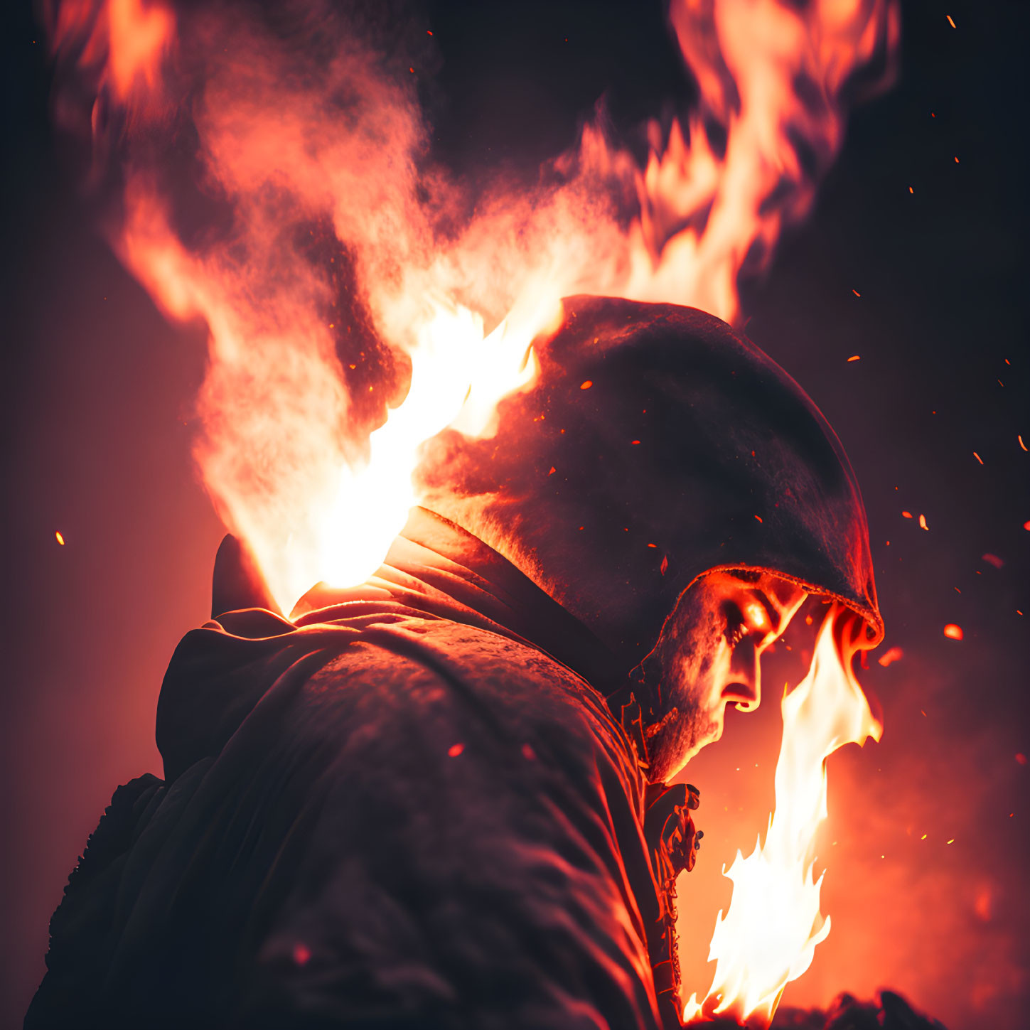 Firefighter in Protective Gear Surrounded by Flames and Sparks at Night