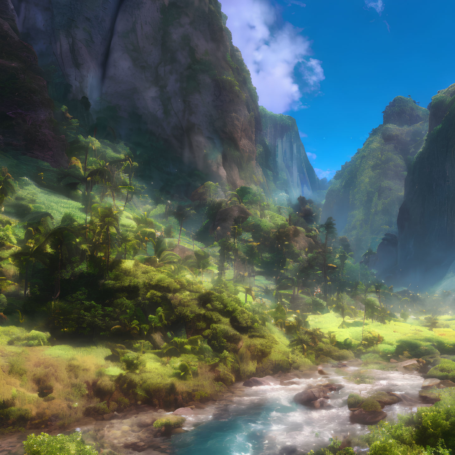 Lush valley with towering cliffs, meandering river, and clear sky