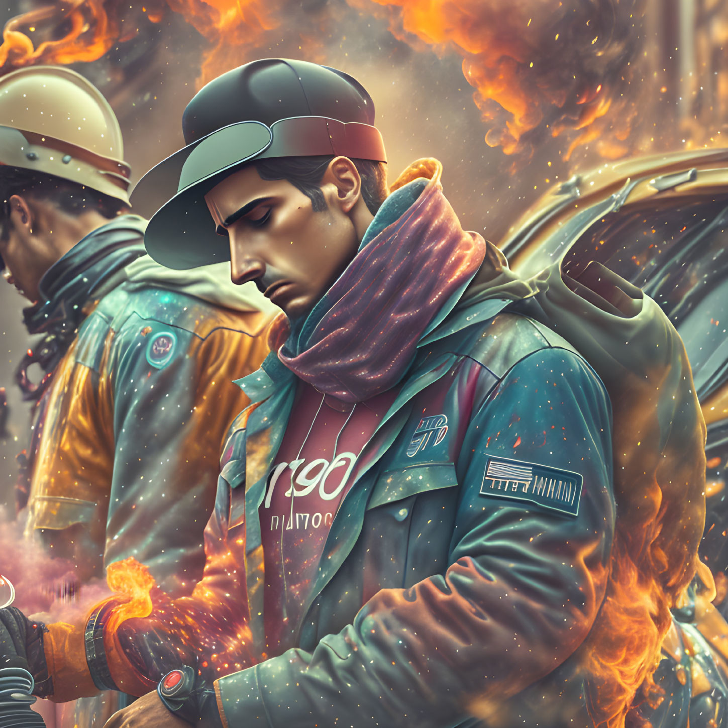 Digital illustration of a man in hat and jacket by burning car