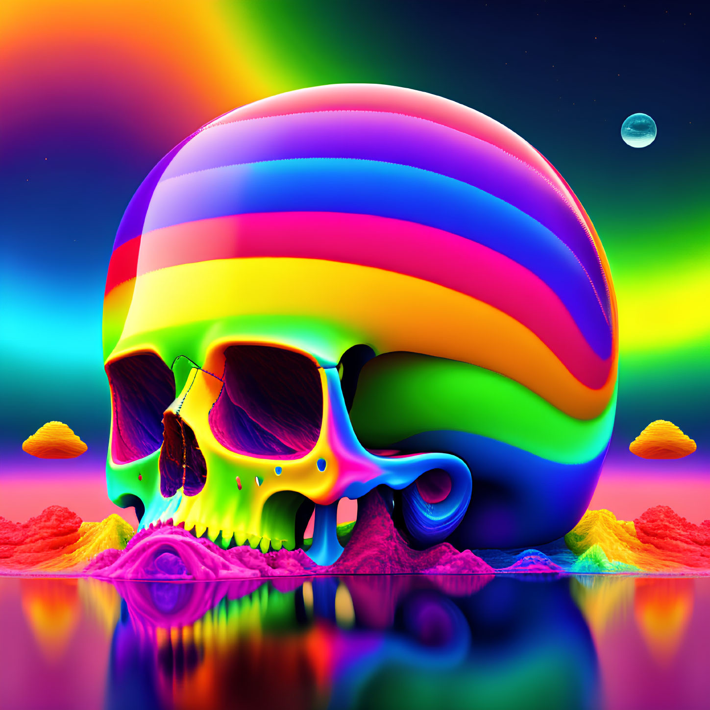 Colorful Skull Against Psychedelic Backdrop with Neon Sky