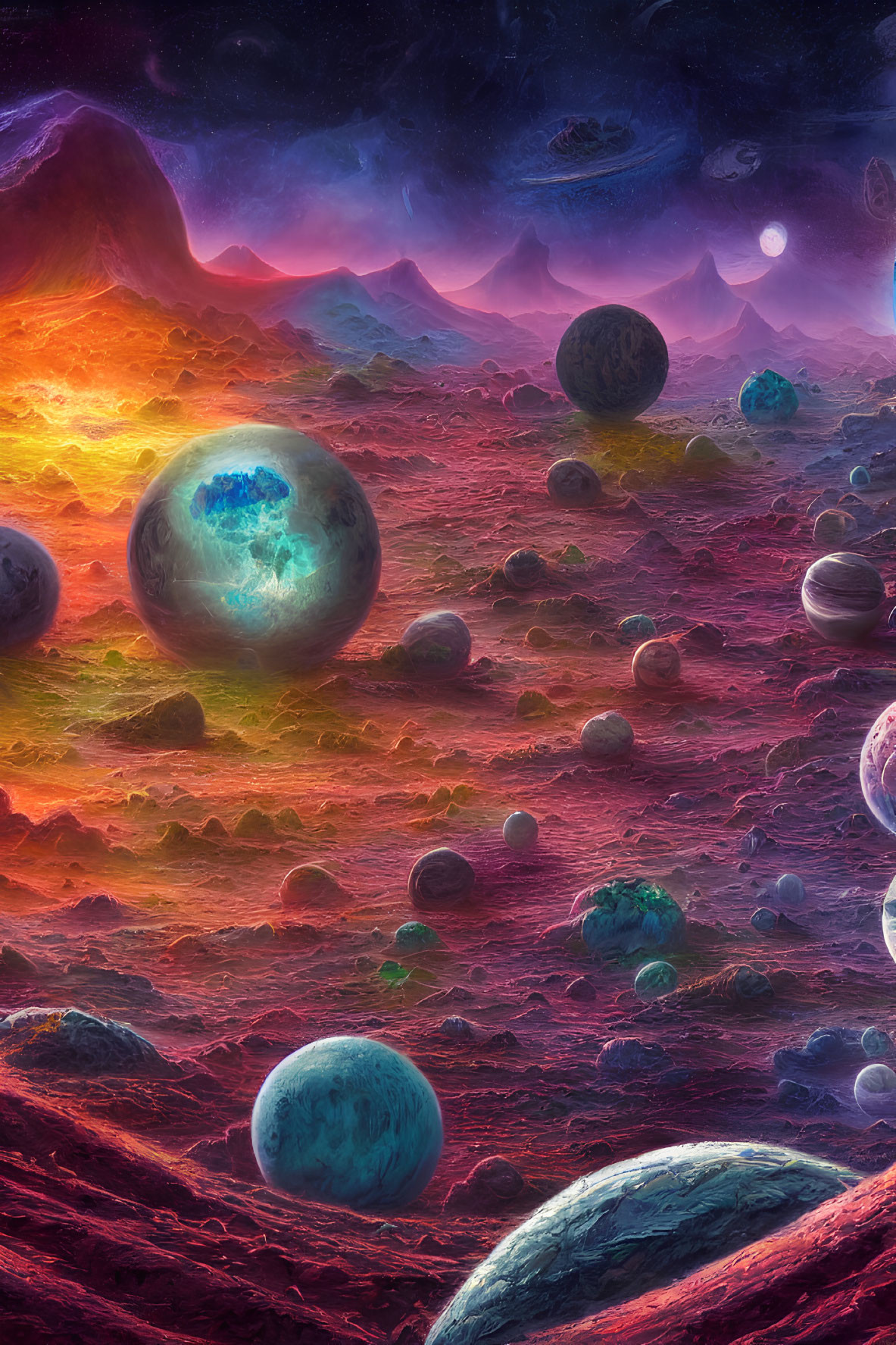 Colorful Alien Landscape with Glowing Celestial Bodies and Nebula-Filled Sky