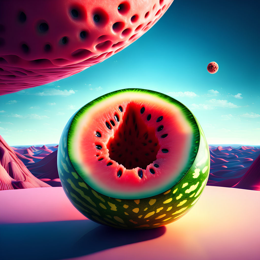 Surreal landscape with sliced watermelon and floating planets