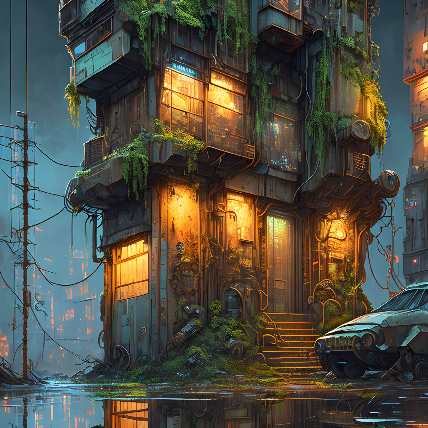 Dilapidated futuristic cityscape with overgrown plants, flooded street, and abandoned car