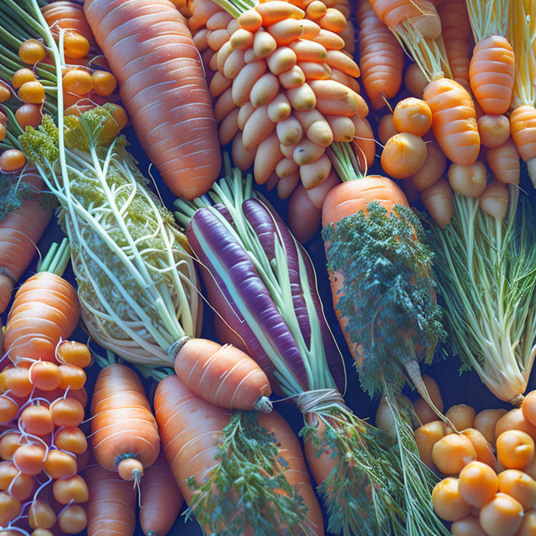 Assorted fresh carrots in multiple colors with green tops