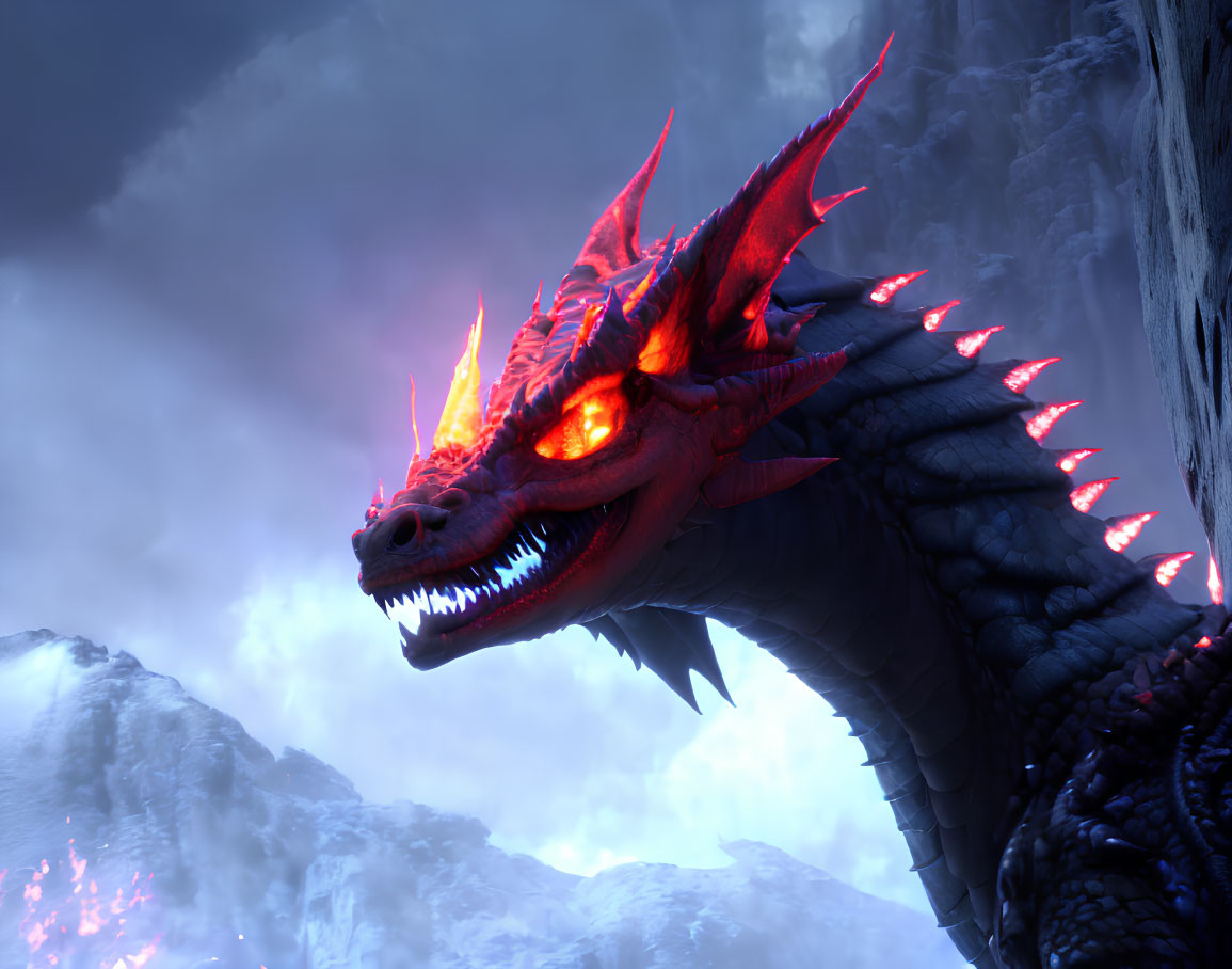 Red-eyed dragon with glowing spikes in snowy mountain landscape