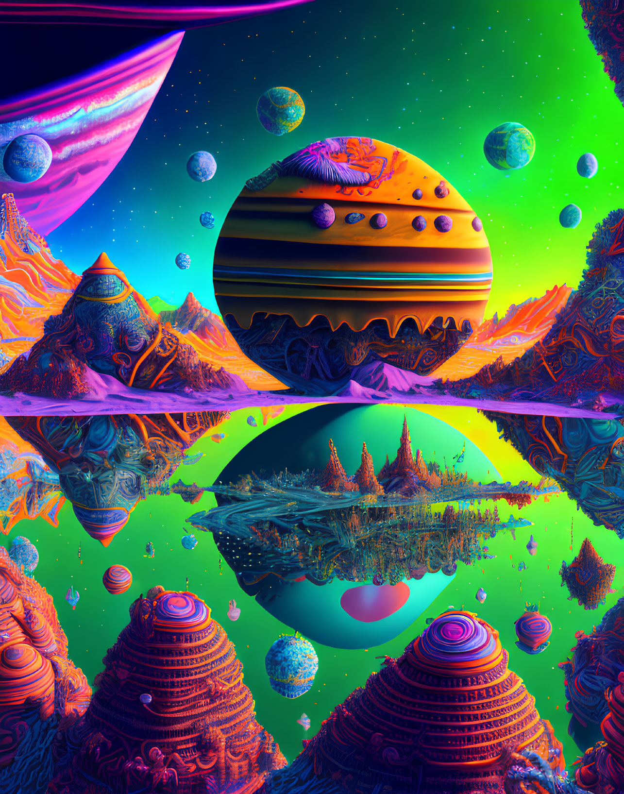 Vibrant Psychedelic Landscape with Mirror Symmetry and Alien Terrains