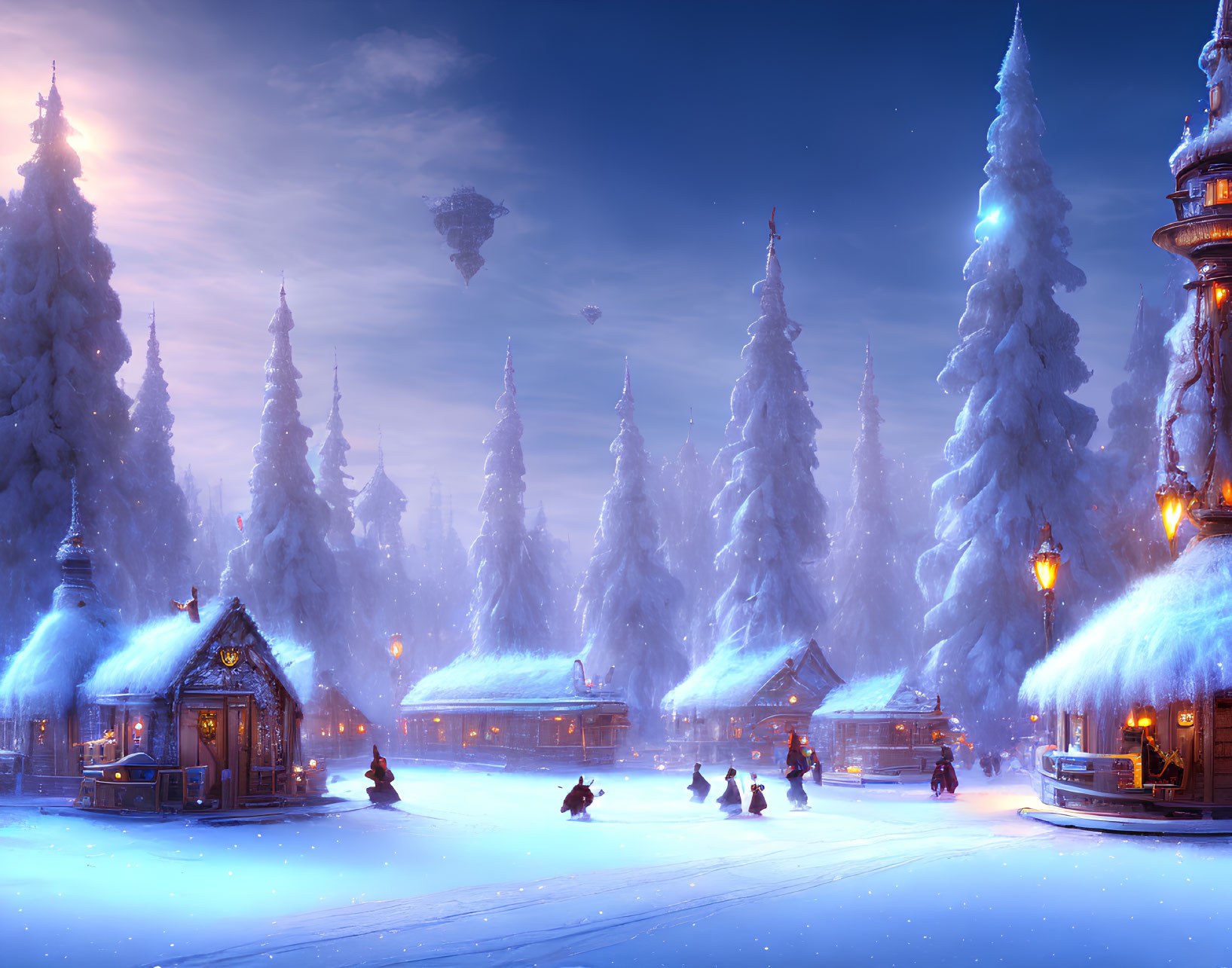 Wintry scene with snow-covered houses, glowing street lamps, frosty trees, ice skaters,