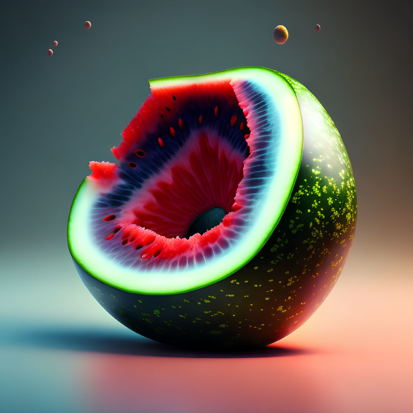 Surreal digital art: Watermelon slice transforms into swirling vortex