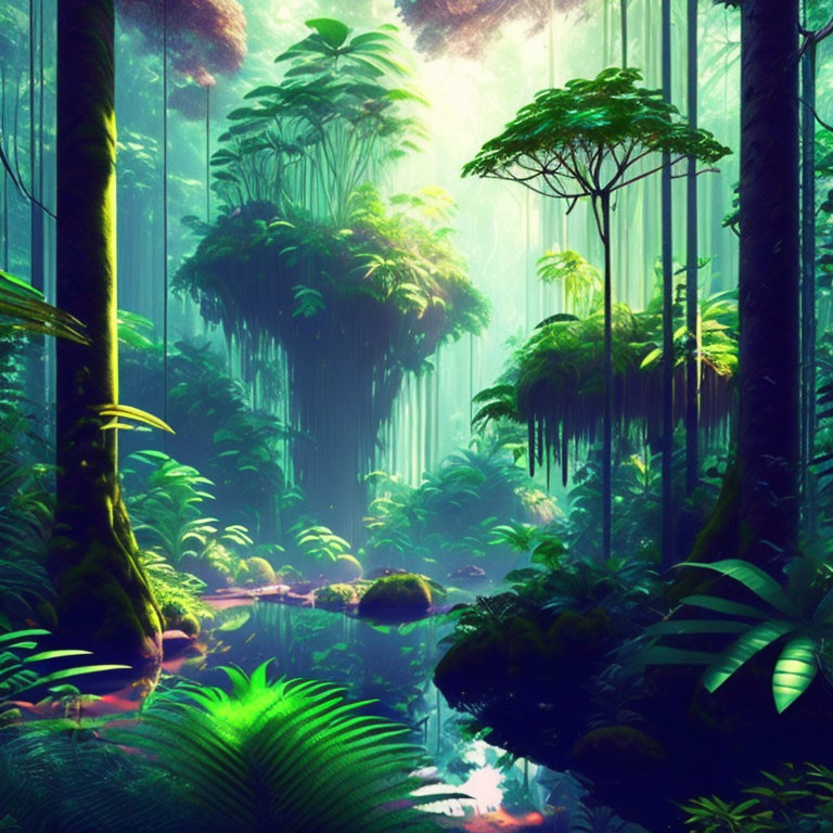 Lush Jungle Scene with Towering Trees and Tranquil Stream