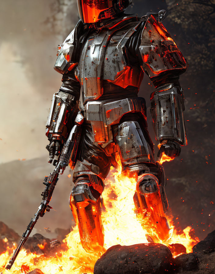 Futuristic armored soldier in flames with sleek helmet and rifle