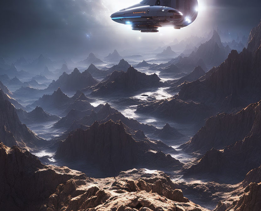 Spaceship hovers over rugged alien landscape with jagged mountains under starry sky