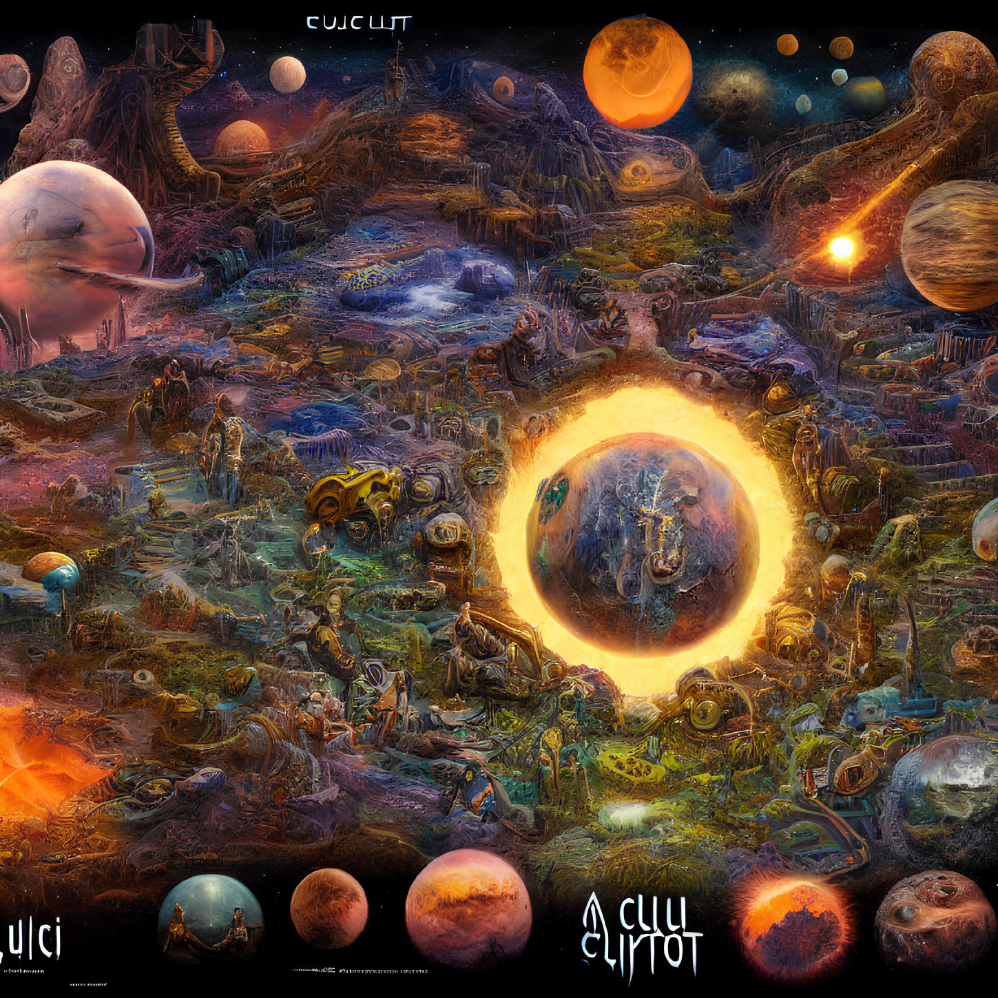 Vivid chaotic cosmic landscape with planets, suns, and glowing portal