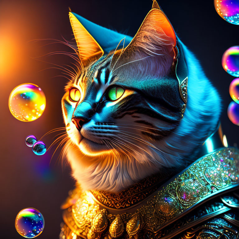 Majestic cat with blue eyes in golden armor surrounded by bubbles