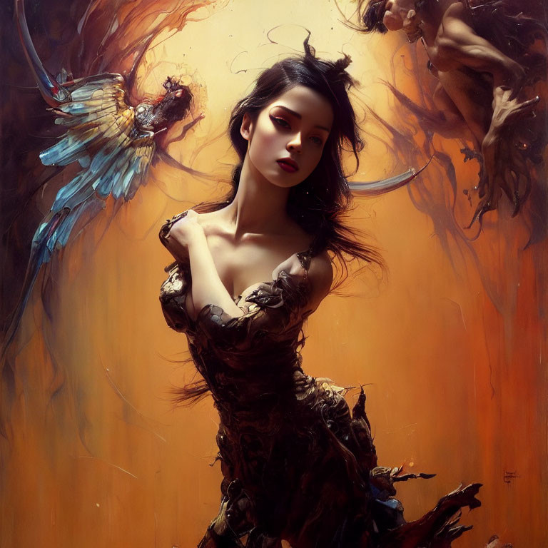 Fantastical painting featuring woman in brown dress with dark hair and ethereal figures